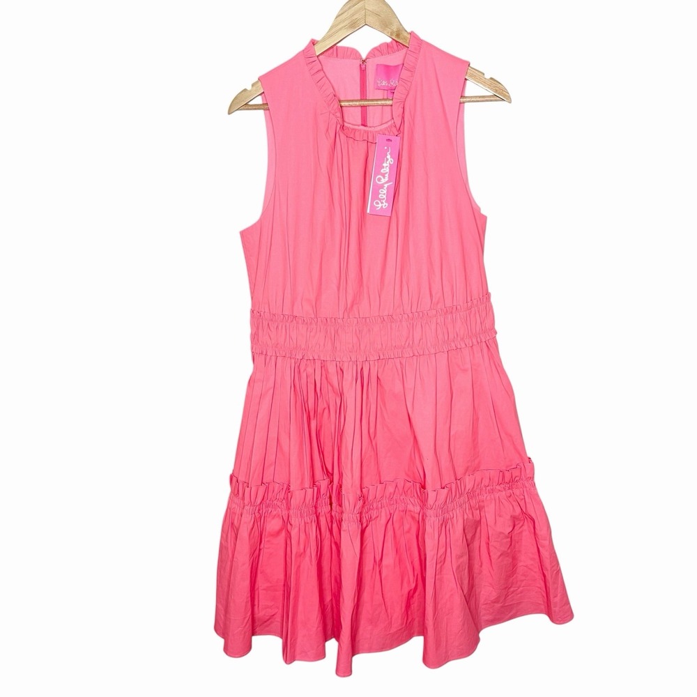 Lilly Pulitzer Elina Ruffled Fit And Flare Dress Coral Womens Sz 14 Preppy Solid